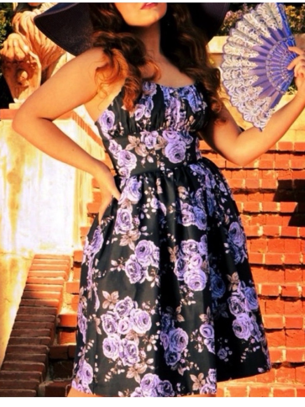 Rare Boutique Collectible Pinup Couture Floral Slip Dress Black W Lavender Roses